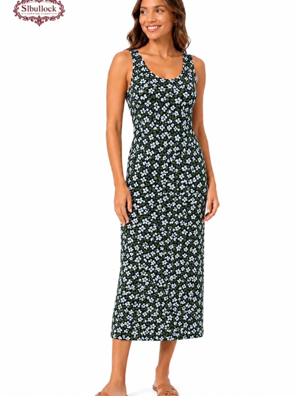 Lands’ End 2X Floral Midi Dress NWOT Cotton Stretch Sleeveless Garden Party